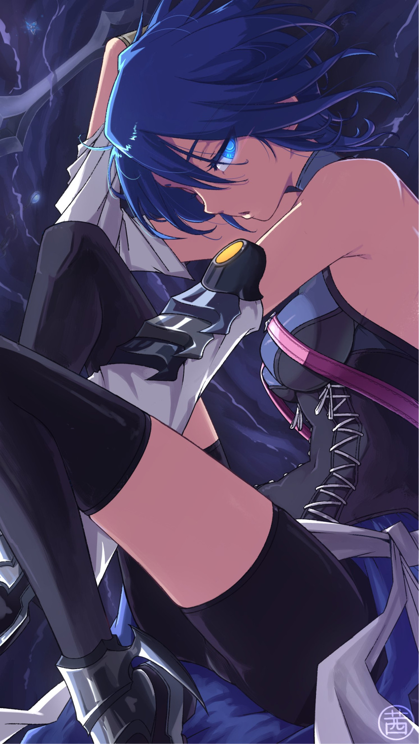 1girl absurdres akaneilus aqua_(kingdom_hearts) arm_up bare_shoulders black_shorts black_thighhighs blue_eyes blue_hair breasts covered_navel dark_blue_hair detached_sleeves fetal_position from_side glowing glowing_eyes hair_between_eyes highres kingdom_hearts kingdom_hearts_birth_by_sleep knees_up looking_at_viewer medium_breasts profile shiny_skin short_hair shorts sleeveless sleeveless_turtleneck solo thighhighs tight_clothes turtleneck