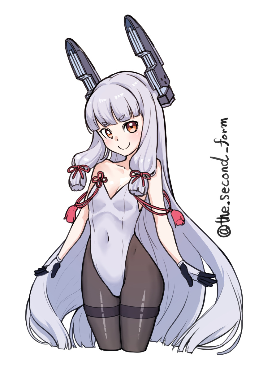 1girl absurdres alternate_costume bare_shoulders black_pantyhose blunt_bangs breasts covered_navel cropped_legs floating_headgear gloves grey_hair hair_ribbon headgear highres kantai_collection leotard long_hair looking_at_viewer murakumo_(kancolle) one-hour_drawing_challenge orange_eyes pantyhose ribbon sidelocks simple_background small_breasts smile solo strapless strapless_leotard the_second_form thighband_pantyhose tress_ribbon twitter_username two-tone_gloves white_background white_gloves white_leotard