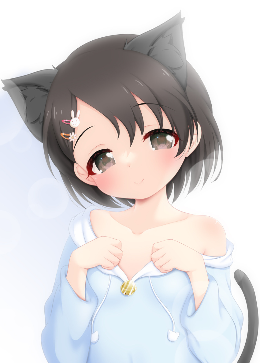 1girl animal_ears black_eyes black_hair blue_hoodie cat_ears cat_girl cat_tail closed_mouth collarbone commentary_request hair_ornament hairclip highres hood hoodie hosizora_mikoto idolmaster idolmaster_cinderella_girls kemonomimi_mode long_sleeves looking_at_viewer rabbit_hair_ornament sasaki_chie short_hair single_bare_shoulder smile solo tail upper_body