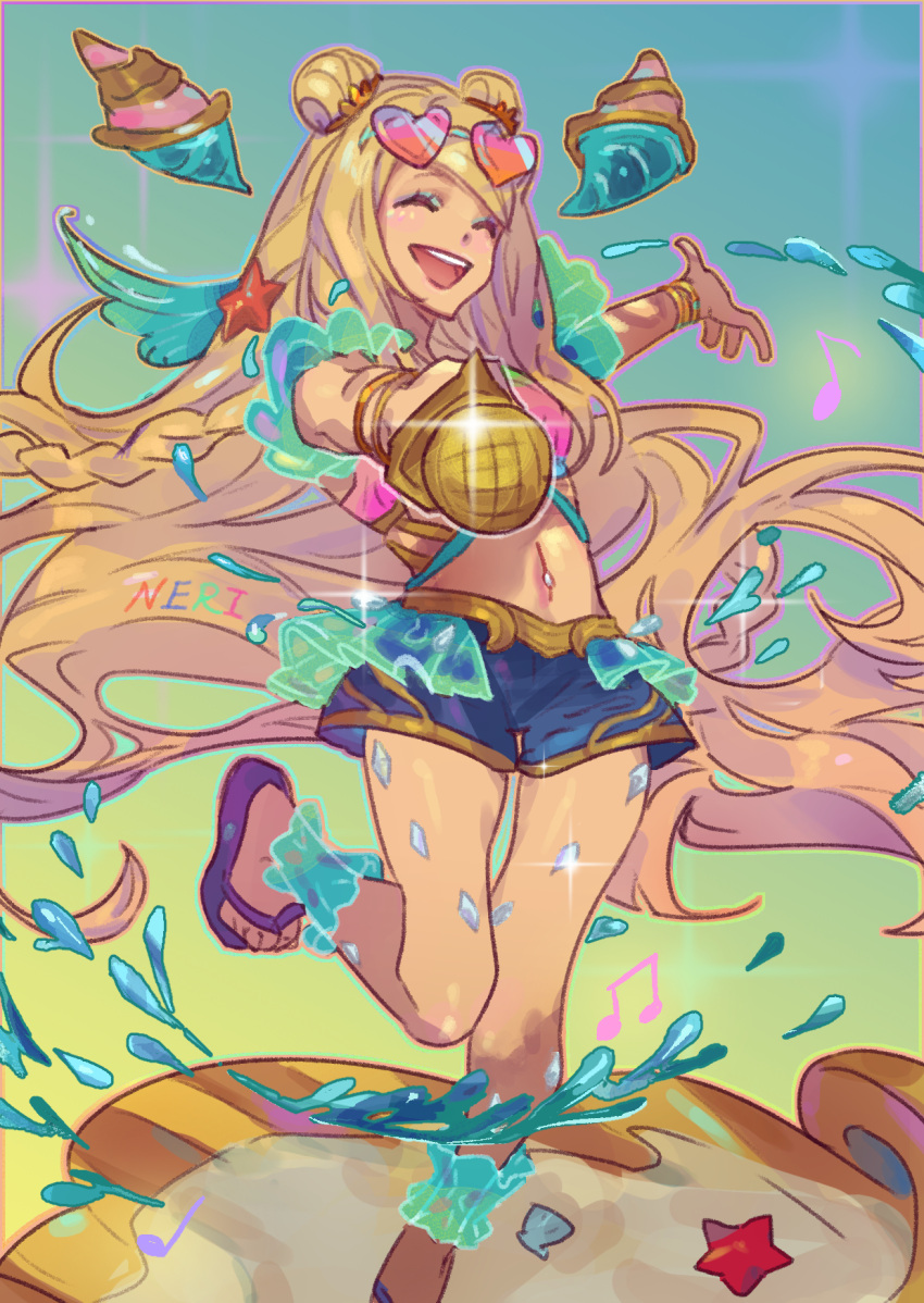 1girl :d ^_^ artist_name blonde_hair closed_eyes double_bun eyewear_on_head flip-flops hair_bun hair_ornament highres league_of_legends leg_up long_hair microphone musical_note neri_(neri23152939) ocean_song_seraphine sandals seraphine_(league_of_legends) shorts smile solo sunglasses tan very_long_hair