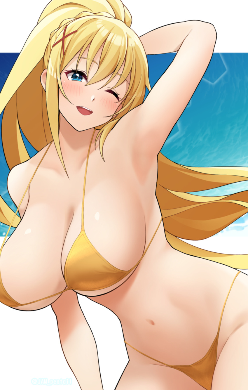 1girl arm_up armpits bare_shoulders bikini blonde_hair blue_eyes blush breasts cleavage collarbone darkness_(konosuba) highres jampen kono_subarashii_sekai_ni_shukufuku_wo! large_breasts long_hair looking_at_viewer navel one_eye_closed open_mouth ponytail smile solo swimsuit yellow_bikini