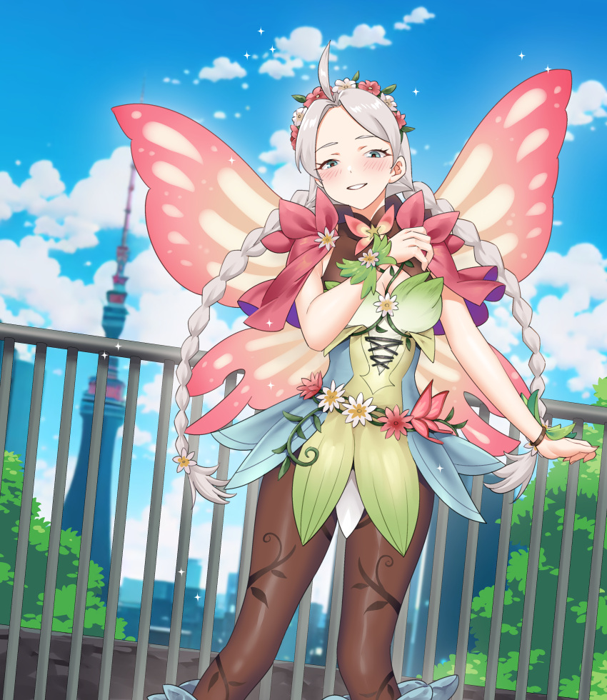 1girl absurdres ahoge blue_eyes blue_sky blush braid brown_pantyhose bush butterfly_wings capelet cityscape cloud cloudy_sky commission commissioner_upload fairy fairy_wings fire_emblem fire_emblem_fates fire_emblem_heroes flower_bracelet gradient_clothes green_bracelet grey_hair hair_vines highres igni_tion insect_wings leaf_bracelet low_twin_braids low_twintails nina_(fire_emblem) nina_(resplendent)_(fire_emblem) non-web_source official_alternate_costume pantyhose parted_bangs pink_capelet sky solo twin_braids twintails vine_print wings