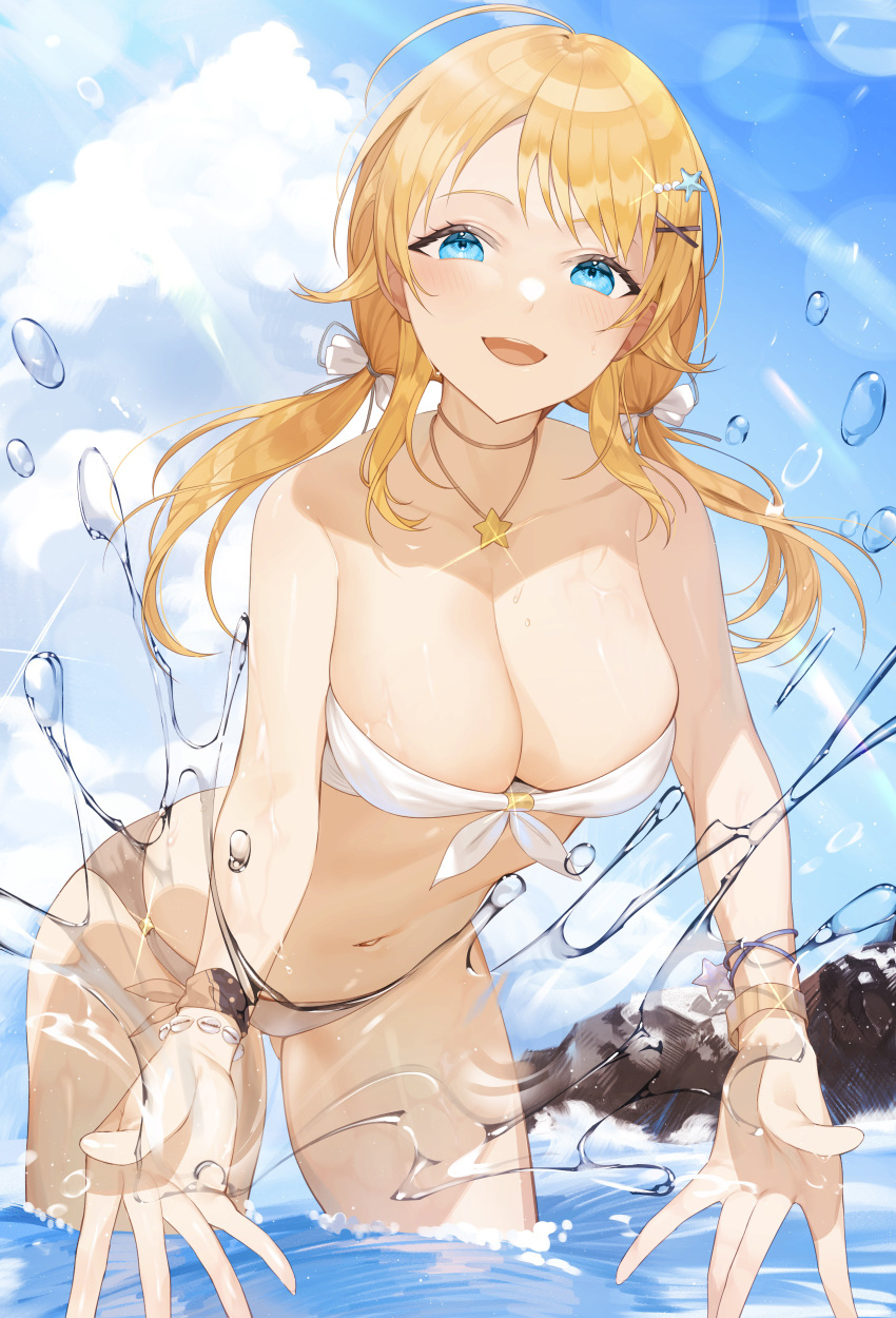 1girl absurdres aqua_eyes bandeau bikini blonde_hair blue_sky blush bracelet breasts cleavage commentary_request glint hachimiya_meguru highres idolmaster idolmaster_shiny_colors jewelry koyo_akio large_breasts lens_flare light_rays navel outdoors sky smile solo splashing strapless strapless_bikini swimsuit twintails wading white_bikini