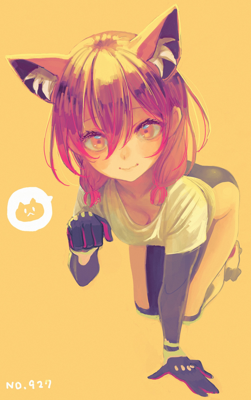 1girl absurdres all_fours animal_ears breasts brown_eyes brown_hair cat_ears cleavage closed_mouth full_body highres hololive looking_at_viewer mechanical_arms mechanical_legs medium_breasts nosir_onadat numbered paw_pose red_hair roboco-san shirt smile spoken_animal t-shirt virtual_youtuber white_shirt yellow_background yellow_theme