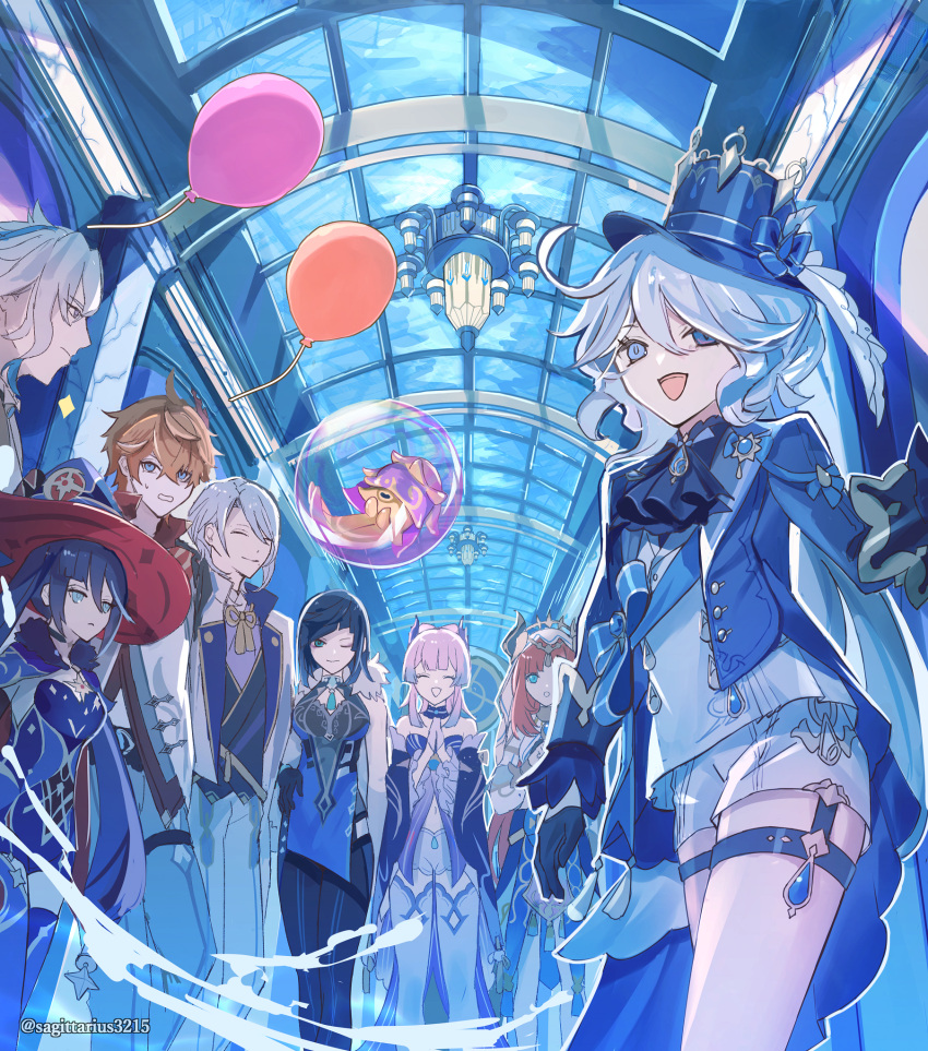 3boys 5girls ahoge ascot balloon black_thighhighs blue_ascot blue_dress blue_eyes blue_hair blue_headwear bubble chandelier closed_eyes commentary commentary_request dress furina_(genshin_impact) genshin_impact glass_ceiling grey_pants hat highres horns indoors itty_bitty_octobaby_(genshin_impact) kamisato_ayato kukatsuma long_hair looking_at_viewer low_twintails mona_(genshin_impact) multiple_boys multiple_girls neuvillette_(genshin_impact) nilou_(genshin_impact) one_eye_closed open_mouth orange_hair own_hands_together palms_together pants power_connection red_hair sangonomiya_kokomi short_hair shorts smile sparkle standing tartaglia_(genshin_impact) thighhighs top_hat twintails twitter_username very_long_hair vest water white_shorts white_thighhighs white_veil white_vest yelan_(genshin_impact)