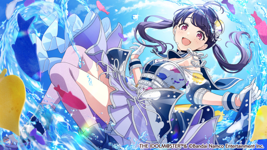 1girl black_hair boots commentary_request fangs fukumaru_koito gloves idolmaster idolmaster_shiny_colors long_hair looking_at_viewer official_art open_mouth purple_eyes purple_skirt purple_thighhighs skin_fangs skirt solo splashing swept_bangs thighhighs twintails water white_gloves