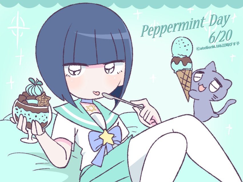 1girl :3 animal black_eyes blue_bow blue_collar blue_hair blunt_bangs bob_cut bow cat collar crossed_legs dated ezaki_bisuko food green_background green_pillow green_sailor_collar green_skirt highres holding holding_food holding_ice_cream holding_ice_cream_cone holding_spoon ice_cream ice_cream_cone menhera-chan_(ezaki_bisuko) pillow pleated_skirt sabukaru-chan_(ezaki_bisuko) sailor_collar school_uniform serafuku short_hair sitting skirt sparkle spoon star_(symbol) tongue tongue_out twitter_username white_serafuku