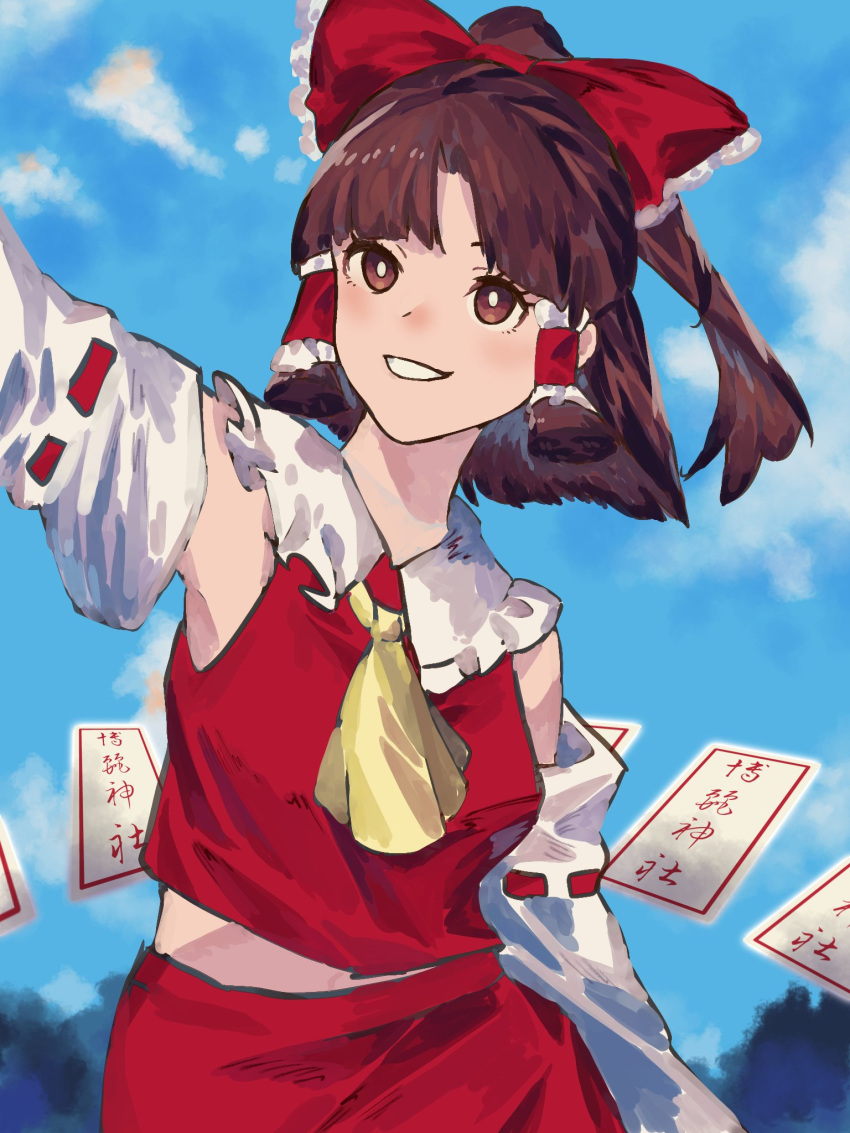 1girl aojirozame1228 arm_at_side arm_up ascot blue_background bow brown_eyes brown_hair card clenched_teeth cloud cowboy_shot detached_sleeves floating_card frilled_bow frilled_hair_tubes frills grin hair_bow hair_tubes hakurei_reimu highres looking_at_viewer medium_hair midriff_peek outdoors red_bow red_skirt red_vest ribbon-trimmed_sleeves ribbon_trim skirt sky smile solo teeth touhou vest white_sleeves yellow_ascot