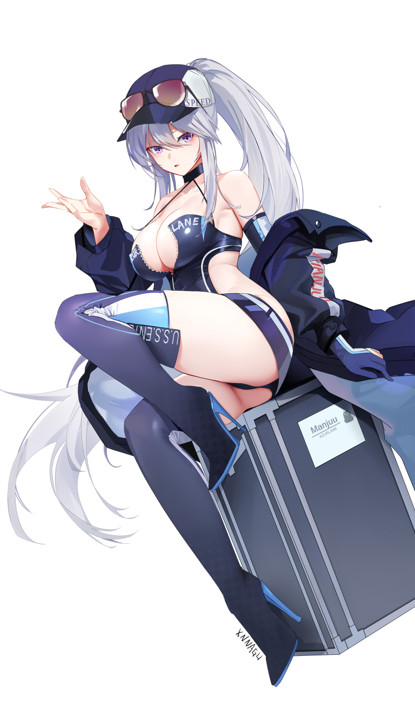 absurdres aqua_hair azur_lane back_cutout backless_outfit bare_shoulders breasts cleavage clothing_cutout coat dress elbow_gloves enterprise_(azur_lane) enterprise_(wind_catcher)_(azur_lane) eyewear_on_headwear gloves hair_through_headwear halter_dress halterneck hand_up high_heels high_ponytail highres knee_up large_breasts long_hair off_shoulder official_alternate_costume open_clothes open_coat orange-tinted_eyewear purple_eyes race_queen sideless_outfit single_glove sitting sleeveless sunglasses syngeloussier thighhighs tinted_eyewear white_background white_hair zipper