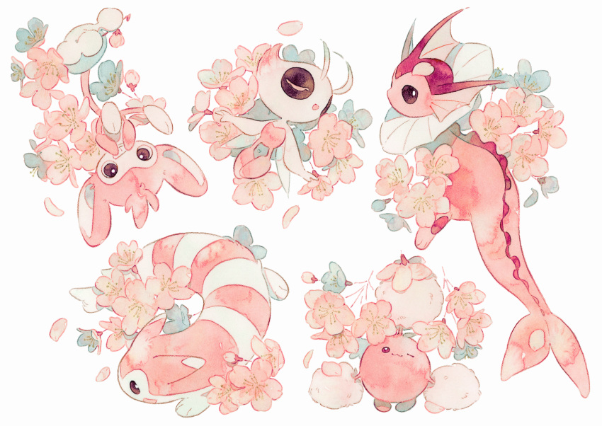 ;3 aipom alternate_color celebi closed_eyes flower furret grin highres jumpluff no_humans oharu-chan one_eye_closed open_mouth petals pink_flower pokemon pokemon_(creature) shiny_pokemon smile teeth vaporeon white_background