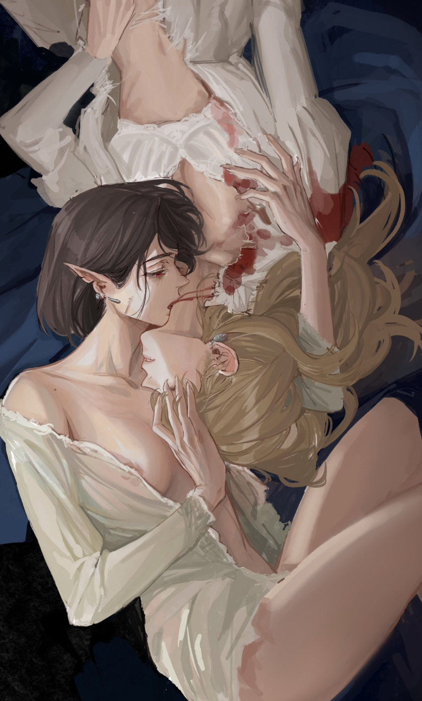 2girls biting black_hair blonde_hair blood blood_on_clothes bra breasts brown_hair cleavage closed_eyes commentary deerwhisky dress earrings highres jewelry long_hair lying multiple_girls nipples nose on_back on_side open_clothes original pointy_ears red_eyes rotational_symmetry shirt torn_clothes torn_dress underwear vampire white_bra white_dress white_shirt yuri