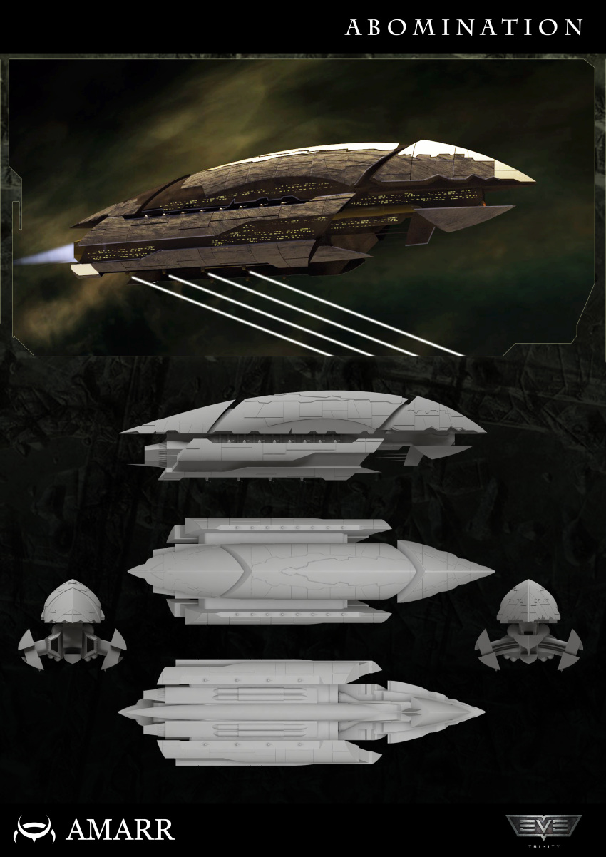 3d absurdres amarr_empire_(eve_online) battleship_(eve_online) cannon commentary concept_art dickymint emblem energy_beam energy_cannon eve_online firing flying from_side glowing highres laser laser_cannon logo military_vehicle multiple_views no_humans original reference_sheet science_fiction spacecraft thrusters turret vehicle_focus