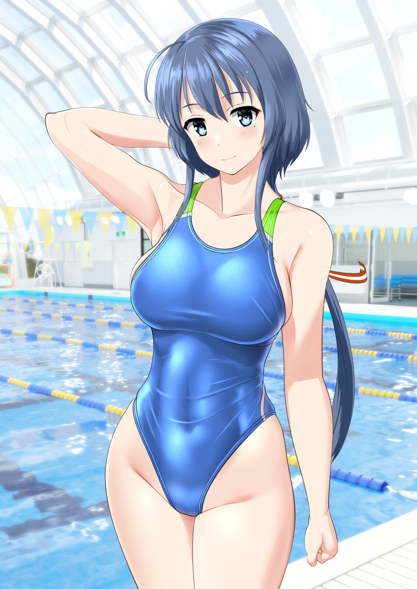 1girl absurdres ahoge arm_behind_head blue_hair blue_one-piece_swimsuit breasts collarbone commentary_request competition_swimsuit covered_navel cowboy_shot green_eyes highleg highleg_swimsuit highres indoors large_breasts long_hair low_ponytail one-piece_swimsuit pool poolside setouchi_chie solo standing string_of_flags swimsuit takafumi toji_no_miko two-tone_swimsuit variant_set