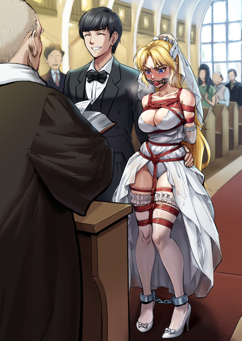 1girl 2boys ankle_cuffs arms_behind_back bdsm black_hair black_suit blonde_hair blue_eyes blush bondage bound breasts bridal_veil clapping cleavage dress faceless faceless_female faceless_male frilled_thighhighs frills gag gagged grin hand_on_another's_hip high_heels highres indoors long_hair medium_breasts multiple_boys original panties people priest restrained root001 shibari short_hair showgirl_skirt smile standing suit thighhighs underwear veil wedding wedding_dress white_dress white_footwear white_panties white_thighhighs wiffle_gag