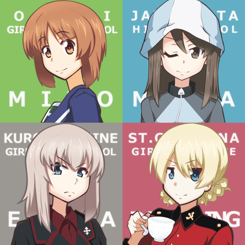 4girls ;) black_jacket blonde_hair blue_eyes blue_headwear blue_jacket braid brown_eyes brown_hair character_name closed_mouth cup darjeeling_(girls_und_panzer) dress_shirt frown girls_und_panzer grey_hair hat heiden highres holding holding_cup insignia itsumi_erika jacket keizoku_military_uniform kuromorimine_military_uniform long_hair long_sleeves looking_at_viewer medium_hair mika_(girls_und_panzer) military_uniform multiple_girls nishizumi_miho one_eye_closed ooarai_military_uniform raglan_sleeves red_jacket red_shirt shirt short_hair smile st._gloriana's_military_uniform teacup text_background track_jacket tulip_hat twin_braids uniform wing_collar