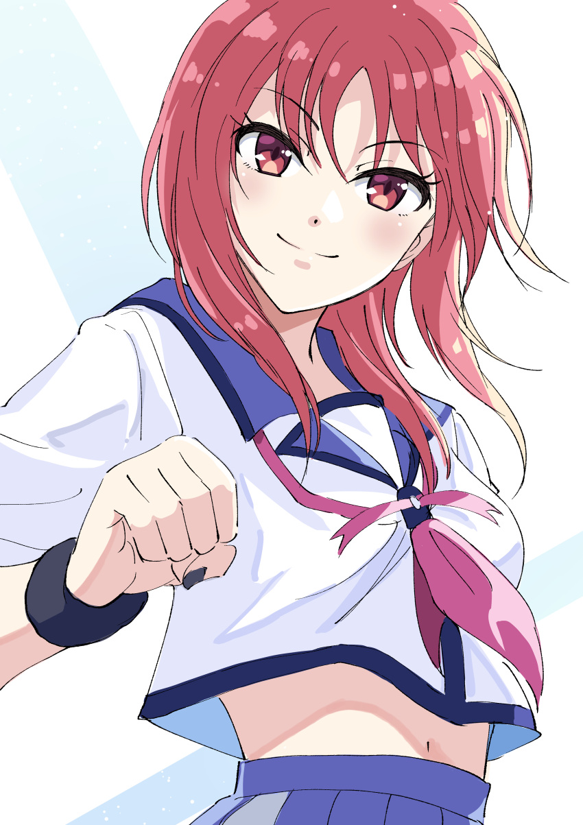 &gt;:) 1girl absurdres angel_beats! black_nails black_wrist_cuffs clenched_hand closed_mouth commentary eyelashes hand_up highres iwasawa_masami light_blush long_sleeves looking_at_viewer medium_hair nail_polish navel neckerchief pink_neckerchief red_eyes red_hair shinda_sekai_sensen_uniform shirt simple_background smile solo split_mouth tazu upper_body v-shaped_eyebrows white_background white_shirt wrist_cuffs