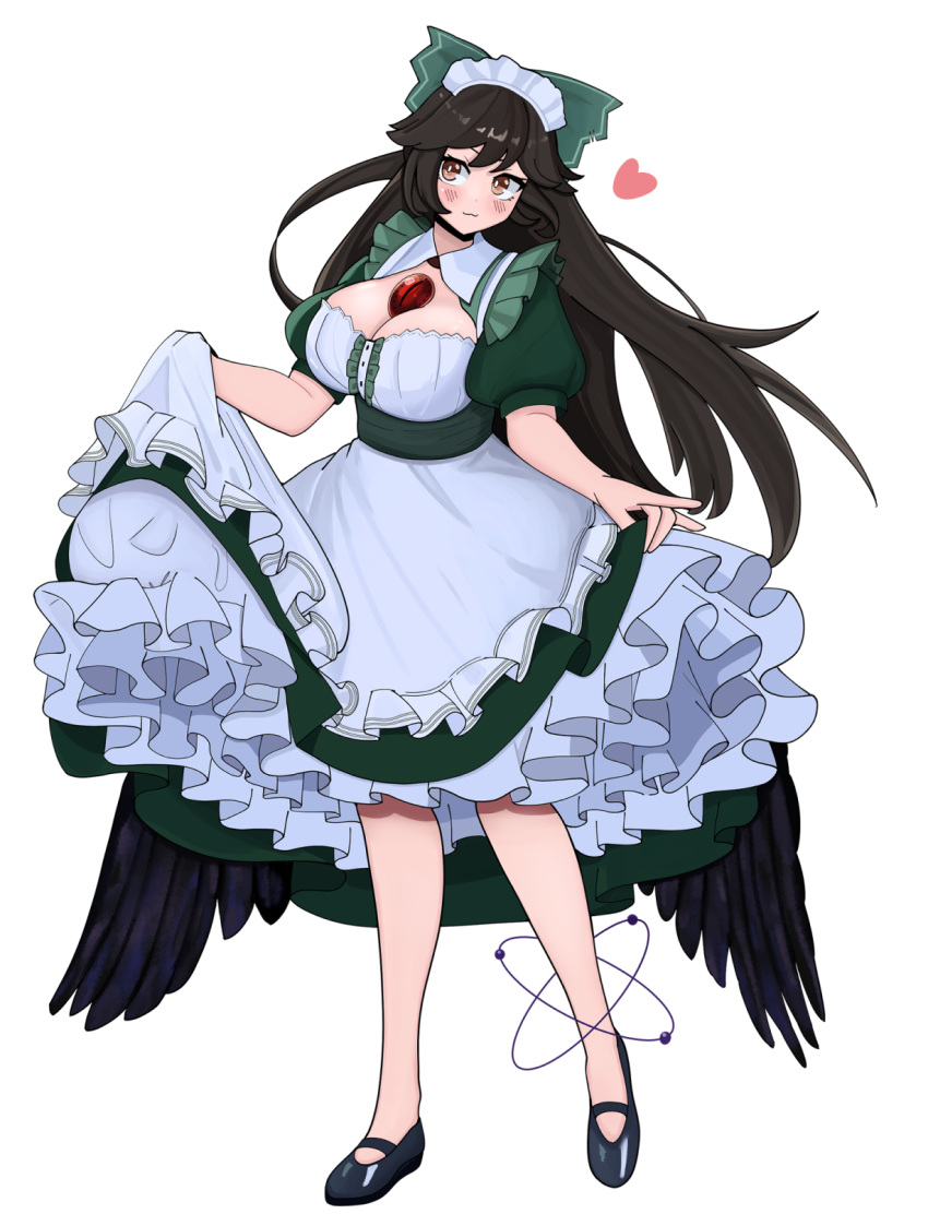 1girl alternate_costume apron atom bird_wings black_footwear black_hair black_wings blush breasts brown_eyes canonball_(dungigi12) cleavage cleavage_cutout closed_mouth clothing_cutout collared_dress commentary_request curtsey dress enmaided frilled_dress frilled_shirt_collar frills full_body green_dress heart heel_up highres korean_commentary large_breasts long_hair looking_at_viewer maid mary_janes medium_bangs reiuji_utsuho shoes simple_background smile solo standing third_eye touhou transparent_background waist_apron white_apron wings