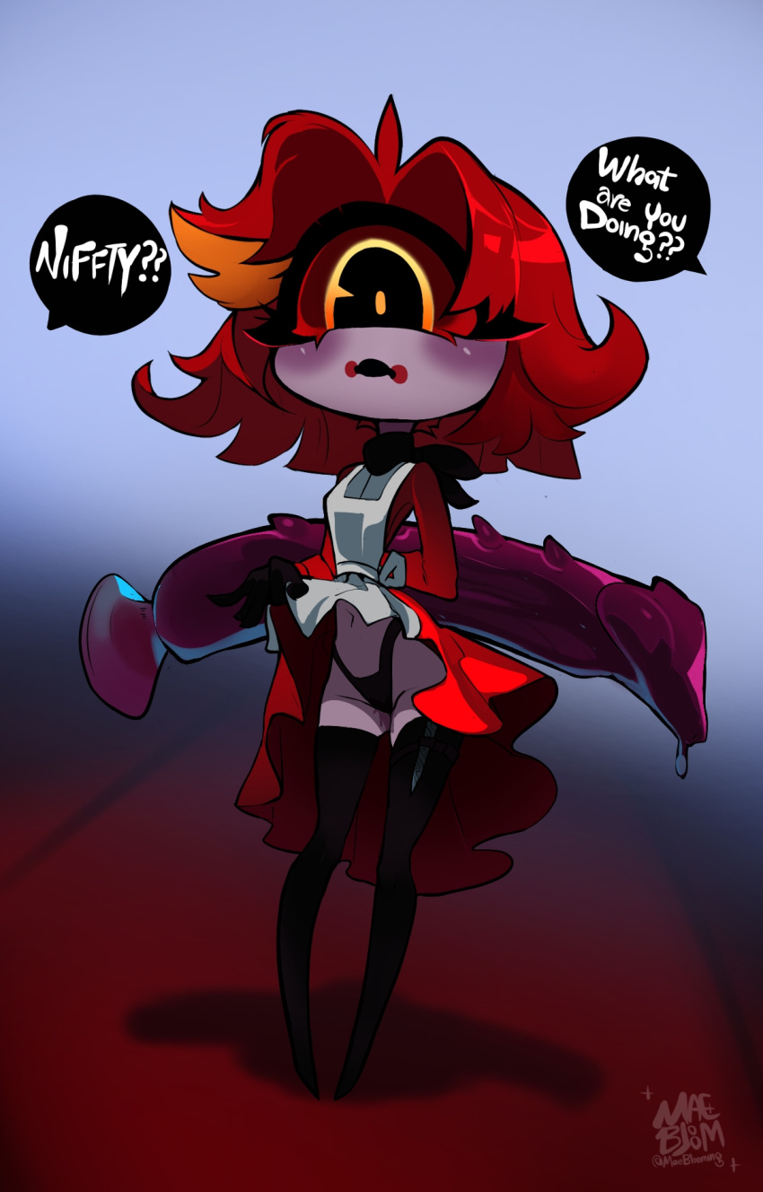 anthro du_amae eyeliner feet female hazbin_hotel hi_res makeup niffty_(hazbin_hotel) small_feet small_waist smile solo wide_hips