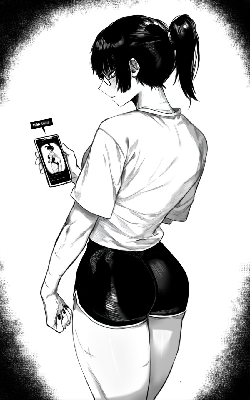 1girl absurdres alternate_costume ass cellphone cellphone_photo closed_mouth fingernails from_behind glasses greyscale highres holding holding_phone jujutsu_kaisen long_hair monochrome phone ponytail profile round_eyewear shirt short_shorts short_sleeves shorts solo t-shirt thighs zen'in_maki zovokia