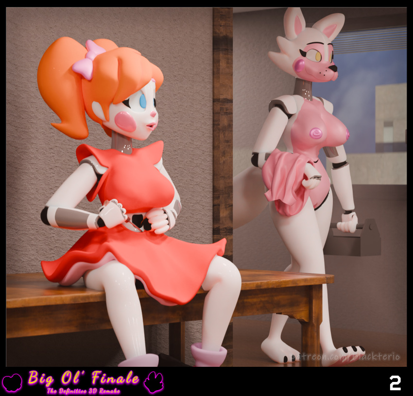 3d_(artwork) anthro blackterio blender_(software) blue_eyes bottomwear circus_baby_(fnaf) clothed clothing digital_media_(artwork) duo female female/female five_nights_at_freddy's five_nights_at_freddy's:_sister_location fully_clothed funtime_foxy_(fnaf) funtime_foxy_(fnafsl) hair hi_res humanoid nude orange_hair pink_clothing pink_suit red_bottomwear red_clothing red_skirt red_topwear scottgames sister_location skirt suit topless topwear white_body