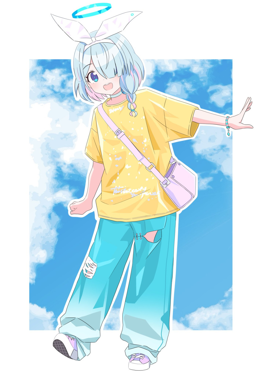 1girl arona_(blue_archive) bag baggy_pants blue_archive blue_eyes blue_hair blue_halo blue_pupils bow_hairband bracelet braid choker cloud cloudy_sky colored_inner_hair full_body hair_over_one_eye hairband halo highres jewelry kousuke0912 multicolored_hair open_mouth oversized_clothes oversized_shirt pants pink_hair shirt shoes short_hair short_sleeves shoulder_bag sky sneakers standing standing_on_one_leg white_choker white_hairband yellow_shirt