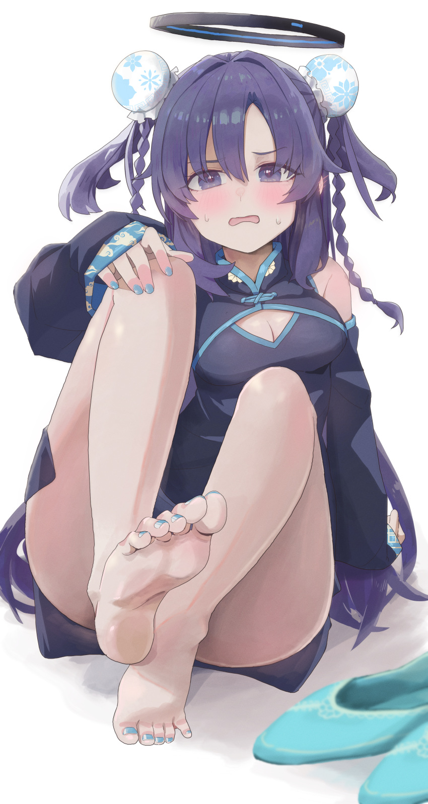 1girl absurdres blue_nails blush dezi dress ear_blush feet full_body highres long_hair nail_polish no_shoes purple_dress purple_eyes purple_hair