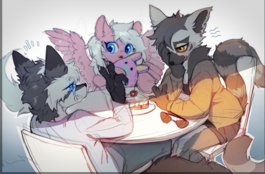 ambiguous_gender cake canid canine clothing dessert equid equine eyewear feathers female feral food fur glasses group hair humanoid lemur male male/female mammal nirit_ling primate ring-tailed_lemur shaded smile strepsirrhine swaybat tail trio widescreen wings