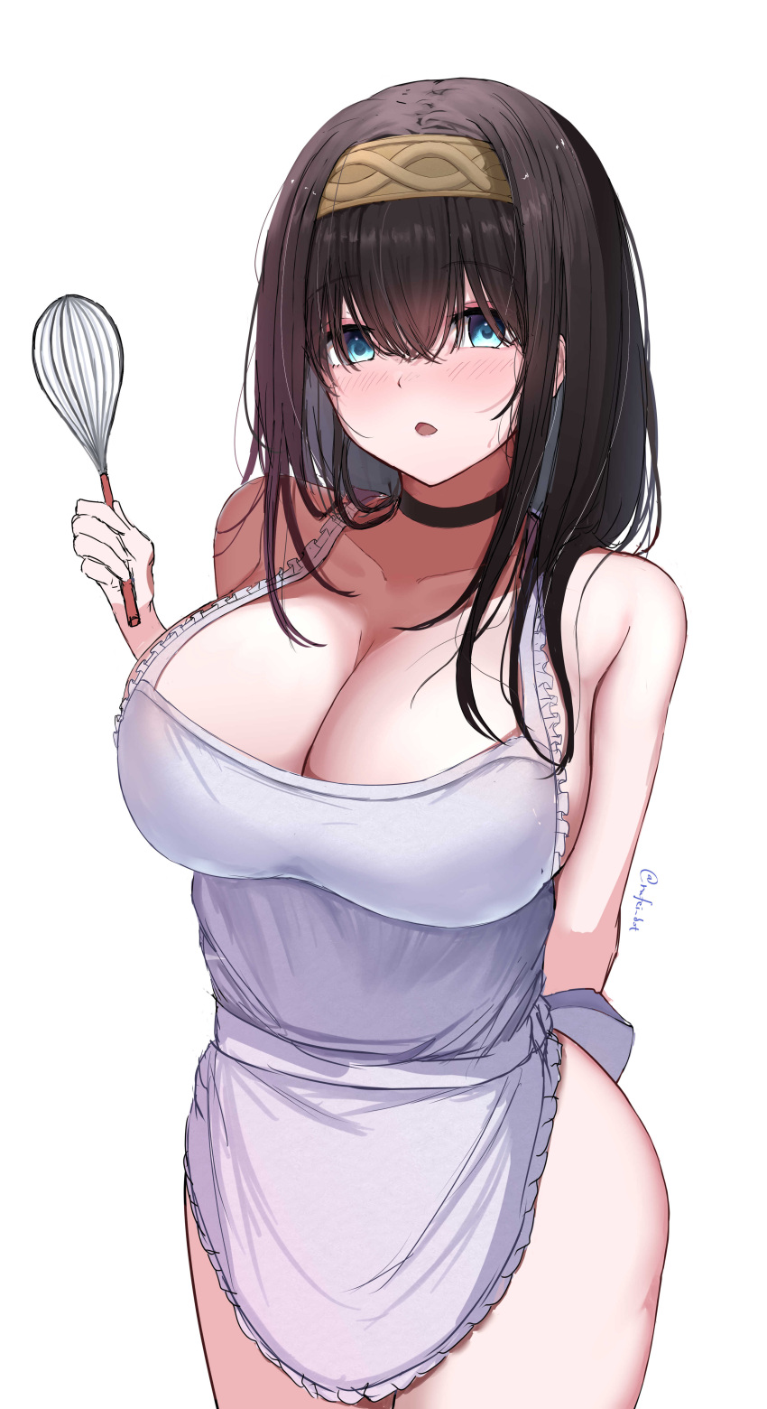 1girl absurdres apron argyle_hairband black_choker black_hair blue_eyes breasts brown_hairband choker cleavage collarbone commentary_request crossed_bangs hair_between_eyes hairband highres holding holding_whisk idolmaster idolmaster_cinderella_girls large_breasts long_hair looking_at_viewer naked_apron open_mouth rufei_bot sagisawa_fumika solo twitter_username whisk