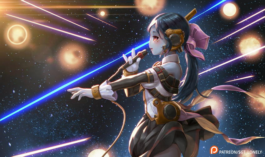 2022 alien antenna_wire black_sclera blue_body blue_hair blue_skin breasts clothed clothing concert cosmic_background crossover dress electronics explosion fan_character female gloves hair handwear headpiece hi_res holding_microphone holding_object humanoid idol idol_outfit laser laser_beam light light_beam lips lynn_minmay macross microphone noseless off_shoulder orange_eyes parody patreon patreon_logo ponytail raised_finger raised_pinky sgt-lonely side_view singing smile solo space space_background t'au_(warhammer) text url warhammer_(franchise) warhammer_40000
