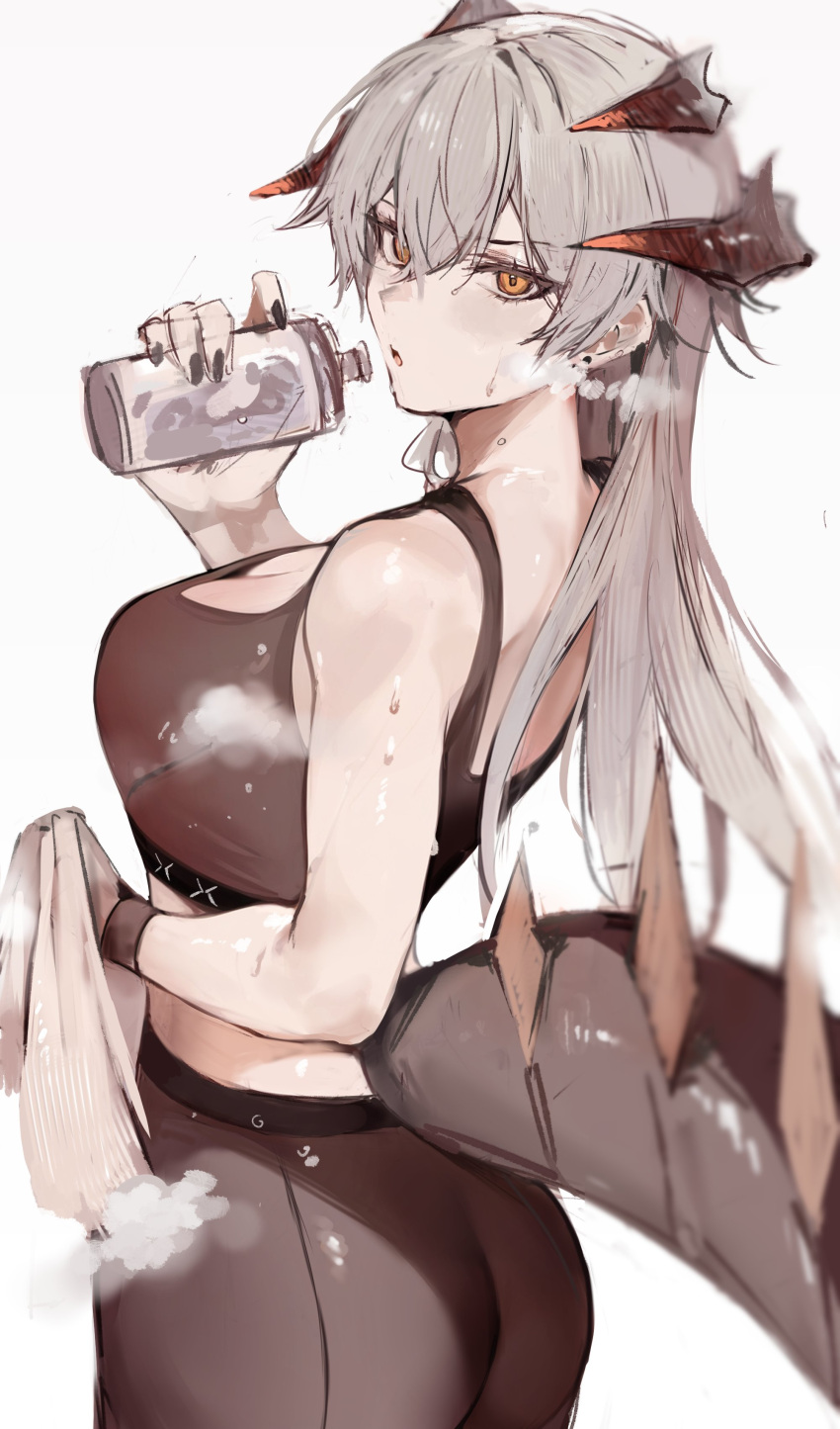 1girl absurdres arknights ass back black_sports_bra bottle breasts cowboy_shot demon_girl demon_tail dokuro_deluxe from_behind grey_hair highres horns long_hair open_mouth pants red_horns saria_(arknights) simple_background solo sports_bra sportswear standing steaming_body sweat tail water_bottle white_background yoga_pants