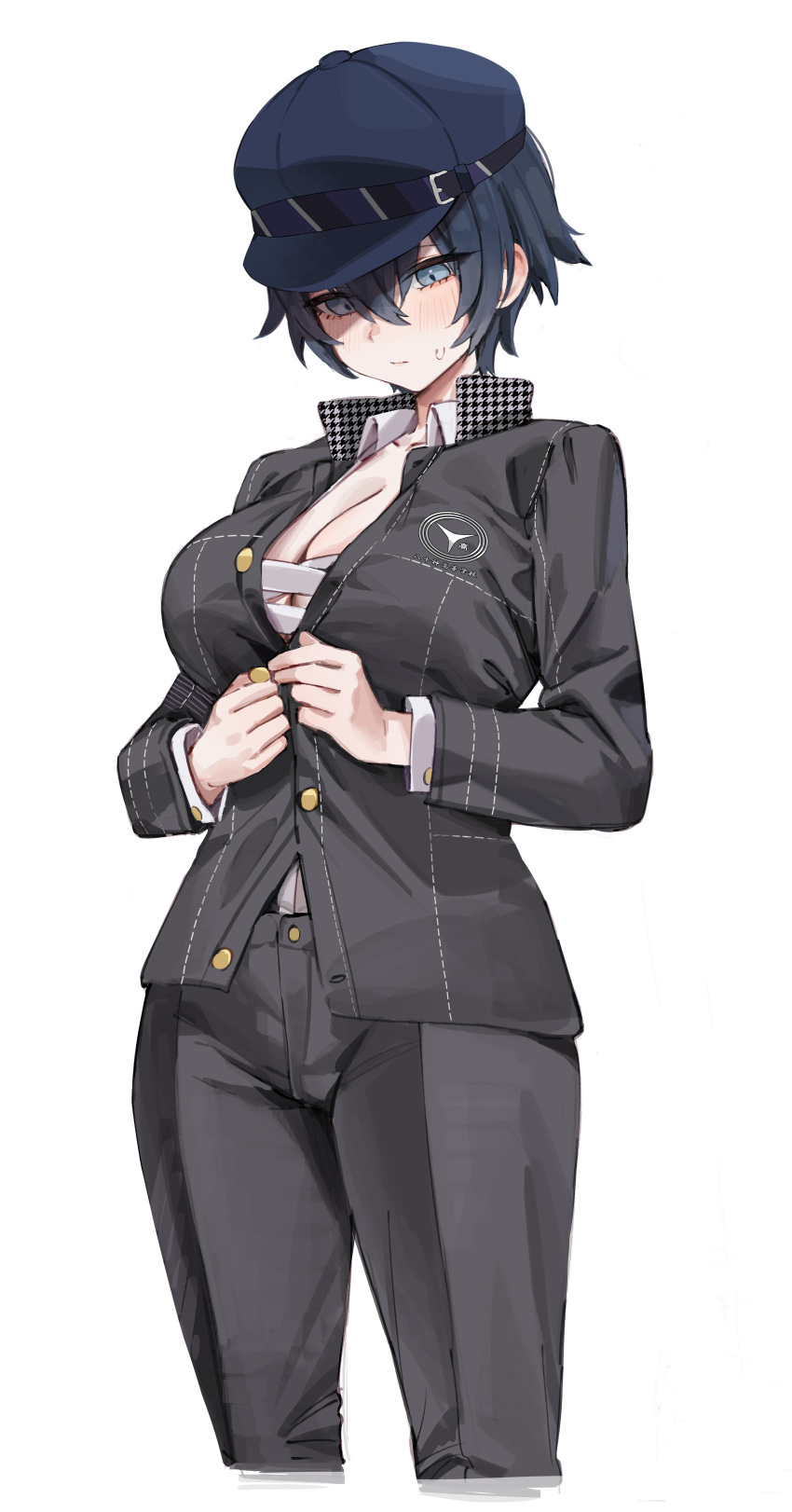1girl absurdres black_jacket black_pants blue_eyes blue_hair blue_headwear blush breasts cabbie_hat cleavage closed_mouth collared_shirt commentary cowboy_shot dress_shirt dressing embarrassed expressionless gompang_11 hair_between_eyes hat highres houndstooth jacket large_breasts looking_at_self looking_down open_clothes open_shirt pants persona persona_4 popped_collar sarashi school_uniform shirogane_naoto shirt short_hair simple_background solo standing sweatdrop tomboy undone_sarashi unmoving_pattern very_short_hair white_background white_shirt yasogami_school_uniform