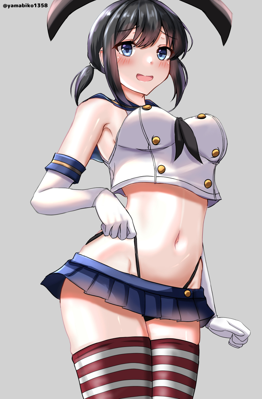 1girl absurdres black_hair black_hairband black_neckerchief black_panties blue_eyes blue_sailor_collar blue_skirt breasts cosplay cowboy_shot crop_top elbow_gloves fubuki_(kancolle) gloves hairband highleg highleg_panties highres kantai_collection looking_at_viewer low_ponytail medium_breasts medium_hair microskirt miniskirt mizuki_(uzuki_no_sato) navel neckerchief one-hour_drawing_challenge panties pleated_skirt sailor_collar shimakaze_(kancolle) shimakaze_(kancolle)_(cosplay) shirt short_ponytail sidelocks skirt sleeveless sleeveless_shirt solo striped_clothes striped_thighhighs thighhighs underwear white_gloves