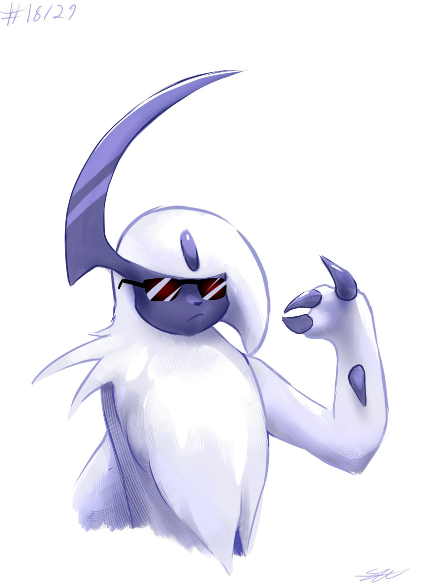 absol absurdres animal_focus blue_skin claws closed_mouth colored_skin commentary_request english_commentary forehead_jewel highres horns likey mane mixed-language_commentary no_humans pokemon pokemon_(creature) signature simple_background single_horn sunglasses white_background white_fur