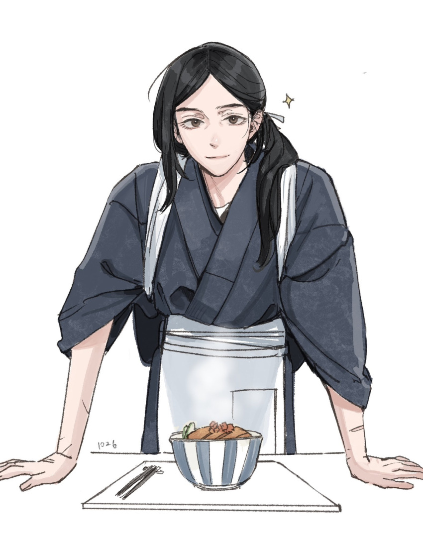 1girl apron black_eyes black_hair blue_kimono bowl chopsticks commentary_request deerwhisky food highres japanese_clothes kimono long_hair low_side_ponytail original simple_background single_sidelock solo sparkle white_apron white_background