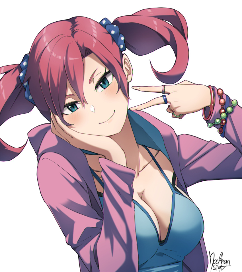 artist_name black_bra blue_camisole blue_eyes blush bra breasts camisole cleavage collarbone digimon digimon_story:_cyber_sleuth hand_on_own_face head_tilt highres hood hooded_jacket jacket jewelry large_breasts looking_at_viewer nathan_stefv pink_jacket red_hair ring shiramine_nokia short_twintails signature smile twintails underwear v