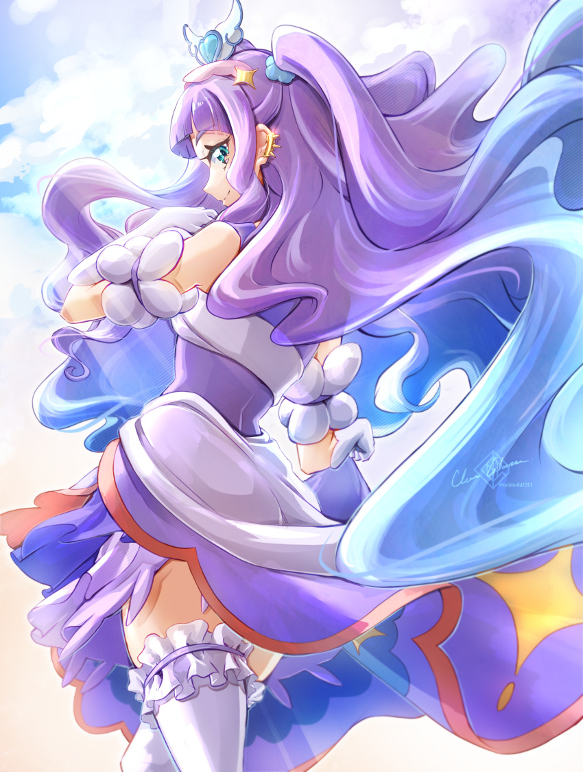 1girl aqua_eyes artist_name clear_glass_(mildmild1311) cloud commentary_request cure_majesty dress ellee-chan eyelashes gloves hair_ornament happy highres hirogaru_sky!_precure long_hair looking_at_viewer magical_girl precure purple_dress purple_hair signature smile solo standing thighhighs thighs twitter_username white_gloves white_thighhighs