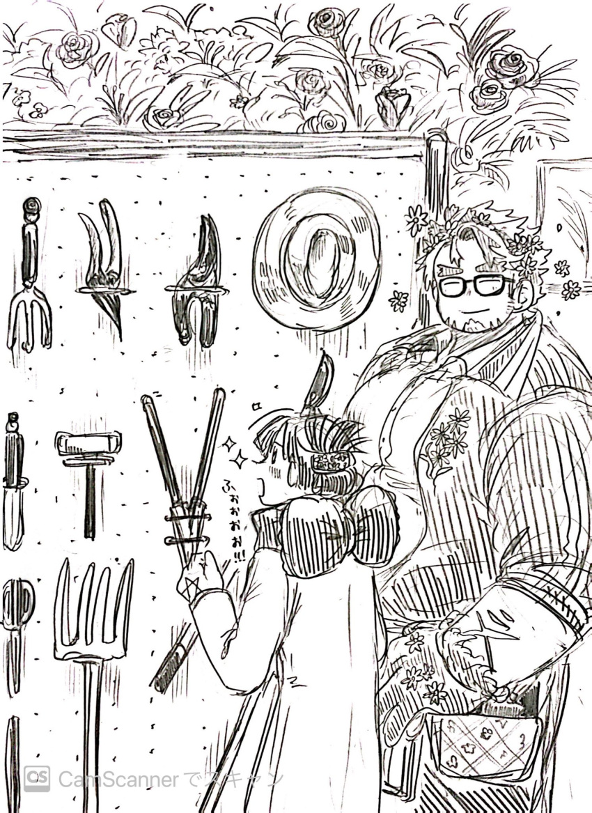 1boy 1girl bara donguri306 facial_hair farm farmer flower glasses goatee graphite_(medium) greyscale hair_flower hair_ornament happy_aura height_difference highres hippolytus_(housamo) large_hands large_pectorals male_focus monochrome pectorals plump protagonist_2_(housamo) scan short_hair sideburns sideburns_stubble smile standing stubble thick_eyebrows tokyo_afterschool_summoners tools traditional_media
