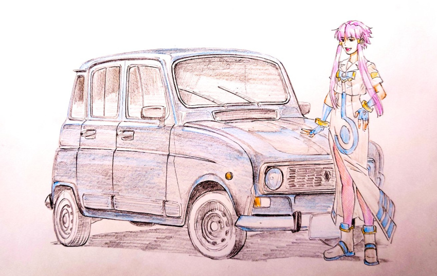 1girl aria_(manga) aria_company_uniform blue_bow blue_bowtie blue_car blue_gloves boots bow bowtie car cwind dress eyelashes fingerless_gloves full_body gloves gold_trim hair_tubes hand_on_own_hip mizunashi_akari motor_vehicle open_mouth pantyhose pink_hair purple_pantyhose renault_4 shadow short_hair_with_long_locks short_sleeves side_slit sketch solo standing traditional_media vehicle_focus white_dress white_footwear