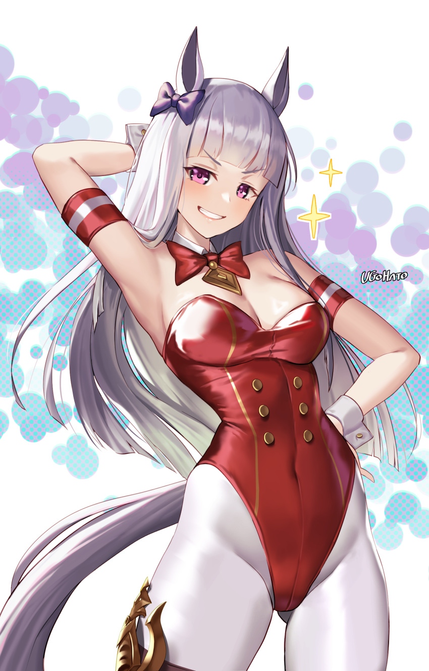 1girl absurdres adapted_costume animal_ears arm_up armband armpits artist_name ass_visible_through_thighs bare_shoulders bow buttons commentary_request detached_collar double-breasted ear_bow gold_ship_(umamusume) grey_hair grin hand_on_own_hip highleg highleg_leotard highres horse_ears horse_girl horse_tail leotard long_hair multicolored_background no_headwear purple_bow purple_eyes red_bow red_leotard smile solo strapless strapless_leotard tail ugohato umamusume v-shaped_eyebrows white_background wrist_cuffs
