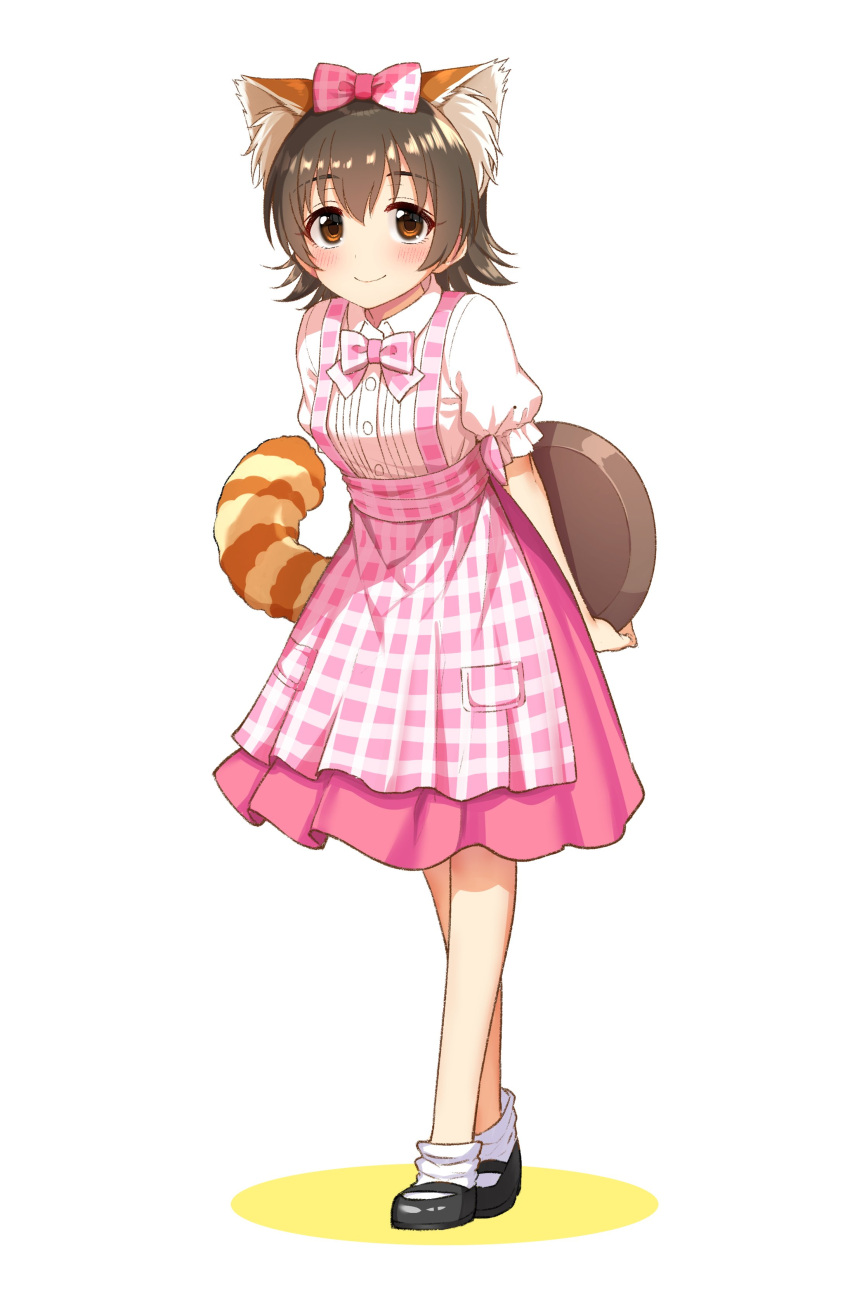 1girl absurdres akagi_miria animal_ear_fluff animal_ears apron arms_behind_back black_hair blush bow bowtie breasts brown_eyes closed_mouth commentary dot_nose fake_animal_ears fake_tail full_body go-1 hair_bow hair_ribbon highres holding holding_tray idolmaster idolmaster_cinderella_girls idolmaster_cinderella_girls_starlight_stage looking_at_viewer mary_janes pink_apron pink_bow pink_bowtie pink_ribbon pink_skirt plaid plaid_apron puffy_short_sleeves puffy_sleeves raccoon_ears raccoon_tail ribbon shirt shoes short_hair short_sleeves simple_background skirt small_breasts smile socks solo standing tail tray white_background white_shirt white_socks