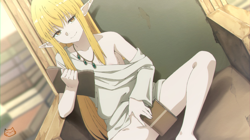 1girl areola_slip barefoot blonde_hair book breasts commentary covering_crotch covering_privates elf english_commentary groin holding holding_book jewelry keihh long_hair looking_at_viewer medium_breasts necklace no_panties pile_of_books pointy_ears serie_(sousou_no_frieren) sidelocks sitting smile sousou_no_frieren spread_legs thighs throne yellow_eyes