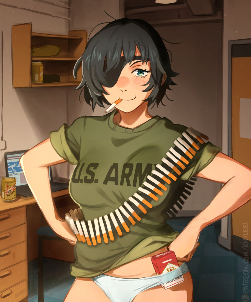 1girl absurdres black_hair blush box breasts can chainsaw_man cigarette cigarette_pack clothes_writing commentary computer eyepatch green_eyes green_shirt hands_on_own_hips highres himeno_(chainsaw_man) indoors khyle. laptop mouth_hold no_pants panties shirt short_hair short_sleeves small_breasts solo underwear upper_body white_panties