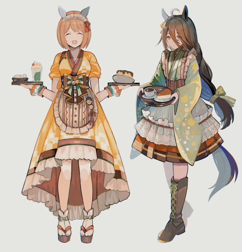 2girls ^_^ ahoge animal_ears black_footwear black_hair boots brown_corset cake closed_eyes coffee corset cross-laced_footwear ear_covers facing_viewer food frilled_kimono frills full_body green_kimono grey_background hair_between_eyes highres holding holding_tray horse_ears horse_girl ice_cream japanese_clothes kimono lace-up_boots long_bangs long_hair long_sleeves looking_at_viewer maid manhattan_cafe_(umamusume) manhattan_cafe_(verdant_night)_(umamusume) multiple_girls official_alternate_costume official_alternate_hairstyle shibaebi_(yasaip_game) simple_background single_ear_cover smile sundae tray umamusume wa_maid white_hair wide_sleeves yellow_eyes yellow_kimono yukino_bijin_(tea_girl_snow_girl)_(umamusume) yukino_bijin_(umamusume)