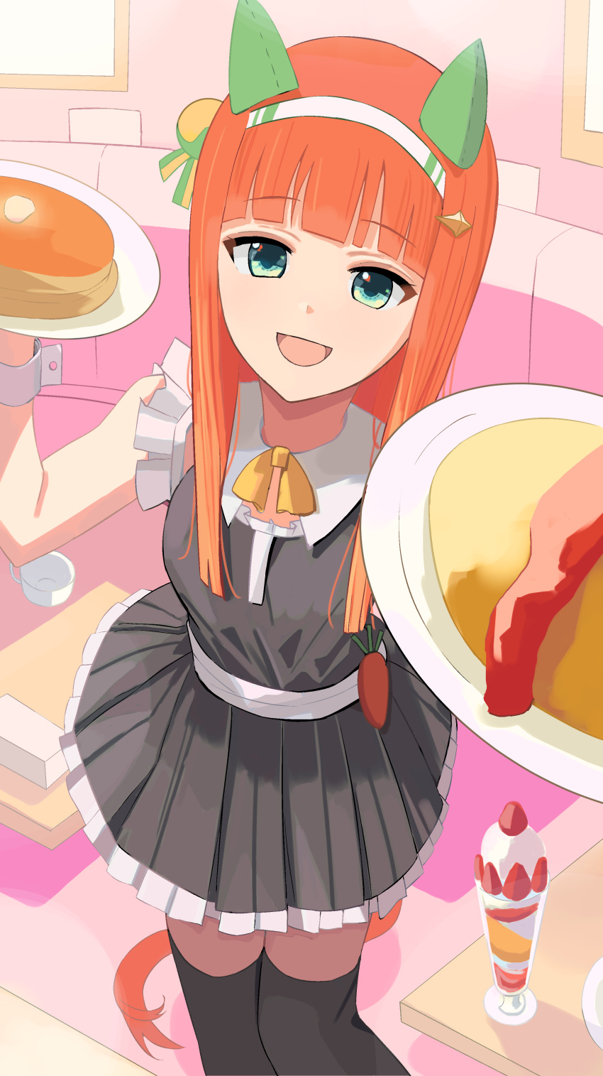 1girl :d absurdres alternate_costume animal_ears black_dress blunt_bangs bow bowtie chisaku commentary dress ear_covers food green_eyes hairband highres hime_cut holding holding_food horse_ears horse_girl long_hair looking_at_viewer orange_hair pancake parfait silence_suzuka_(umamusume) smile solo umamusume white_hairband wrist_cuffs yellow_bow yellow_bowtie