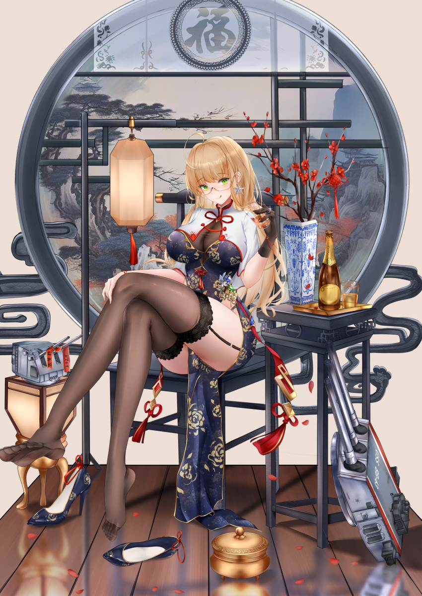 1girl black_dress black_gloves black_thighhighs blonde_hair blush bottle bun_cover cannon china_dress chinese_clothes cleavage_cutout clothing_cutout commission cup dress earrings flower garter_straps gloves green_eyes high_heels highres holding holding_cup indoors iue_(artist) jewelry lantern long_hair looking_at_viewer missouri_(warship_girls_r) paper_lantern pelvic_curtain pixiv_commission print_dress side_slit sleeveless sleeveless_dress smile solo star_(symbol) star_earrings thighhighs tongue tongue_out warship_girls_r