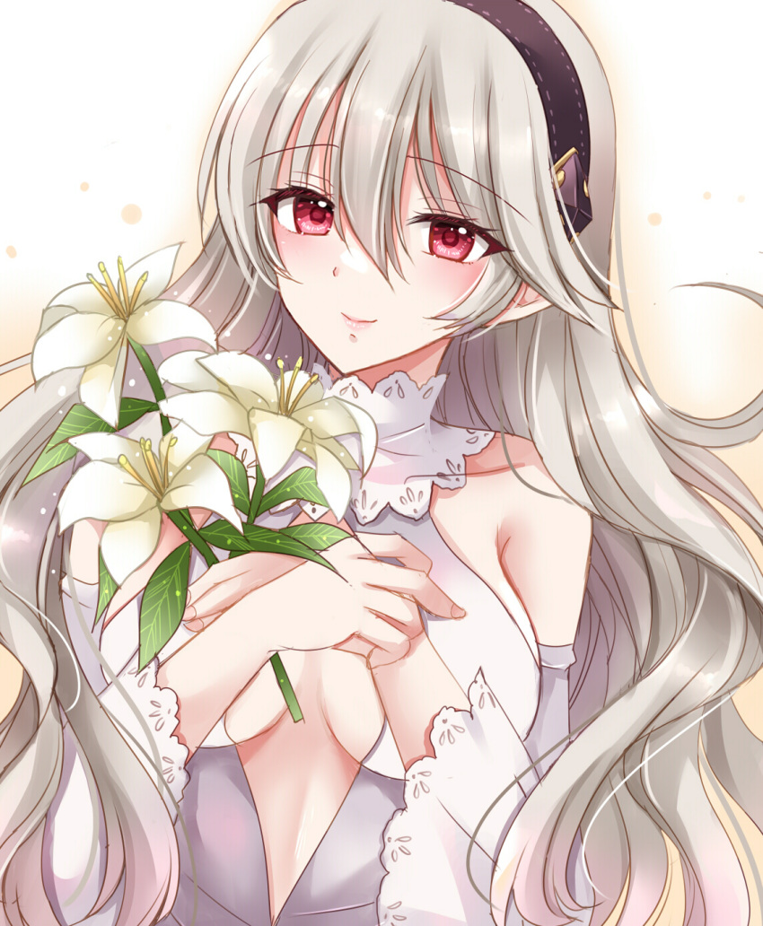 1girl bare_shoulders black_hairband breasts closed_mouth collarbone corrin_(female)_(fire_emblem) corrin_(fire_emblem) covered_collarbone detached_sleeves dress fire_emblem fire_emblem_fates flower grey_hair hair_between_eyes hairband hands_up highres holding holding_flower kirishima_riona long_sleeves looking_at_viewer medium_breasts pointy_ears red_eyes sleeveless sleeveless_dress smile solo upper_body white_dress white_flower white_sleeves wide_sleeves
