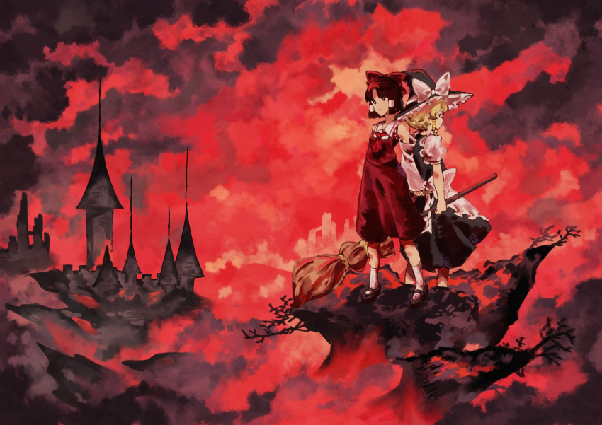 2girls aojirozame1228 apron ascot back-to-back bare_arms black_dress black_footwear blonde_hair bow braid branch breasts bright_pupils broom brown_eyes brown_hair castle closed_mouth cloud dome dress fog frilled_apron frilled_hat frills full_body hair_bow hair_tubes hakurei_reimu hat hat_bow highres holding holding_broom holding_stick kirisame_marisa mary_janes medium_hair multiple_girls outdoors profile puffy_short_sleeves puffy_sleeves red_ascot red_bow red_skirt red_sky red_theme red_vest sailor_collar shoes short_sleeves single_braid skirt sky small_breasts socks standing stick touhou vest white_apron white_bow white_pupils white_sailor_collar white_socks witch_hat