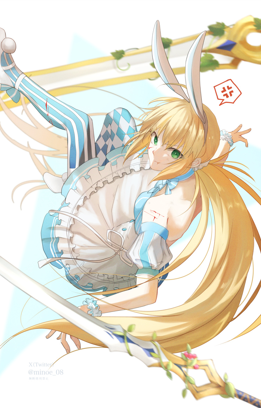 1girl absurdres ahoge anger_vein animal_ears argyle argyle_legwear artoria_caster_(fate) artoria_caster_(swimsuit)_(fate) artoria_caster_(swimsuit)_(second_ascension)_(fate) artoria_pendragon_(fate) bare_shoulders blonde_hair blue_dress blue_thighhighs blush breasts dress fake_animal_ears fate/grand_order fate_(series) green_eyes hairband highres long_hair looking_at_viewer minoe08 pout puffy_short_sleeves puffy_sleeves rabbit_ears short_sleeves skirt small_breasts solo striped_clothes striped_thighhighs sword thighhighs twintails weapon white_skirt