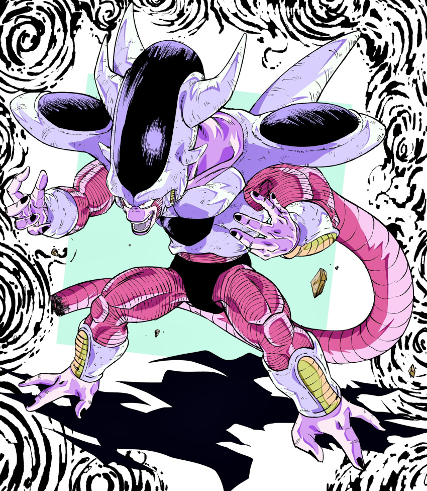 abstract_background alien black_nails collarbone colored_skin dragon_ball dragon_ball_z evil_smile frieza full_body highres horns long_head male_focus multiple_horns oharu2000 open_mouth pink_skin red_eyes severed_tail shadow smile solo spikes tail toriyama_akira_(style)