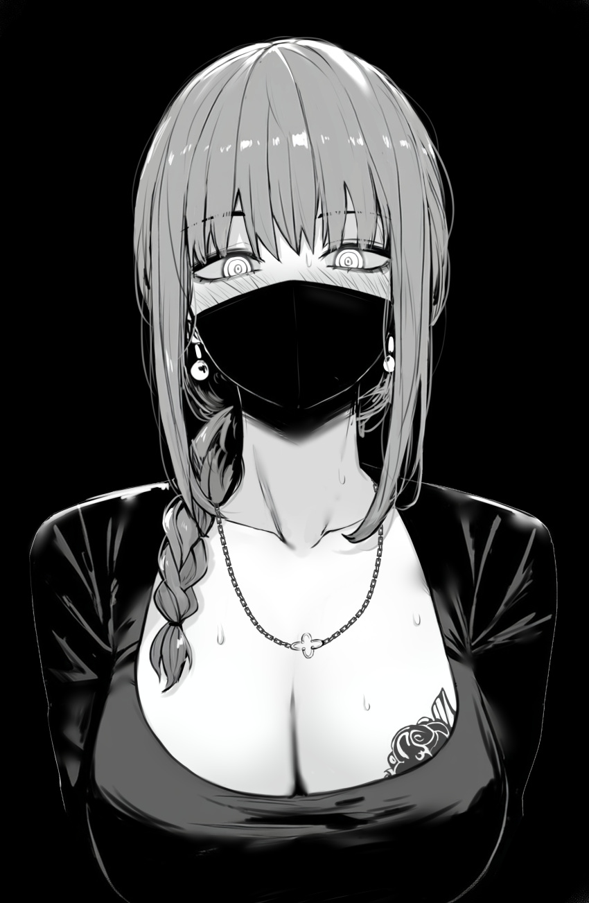 1girl absurdres black_background blush braid braided_ponytail breasts chainsaw_man chest_tattoo cleavage dongtan_dress earrings flower_tattoo greyscale highres jewelry large_breasts looking_at_viewer makima_(chainsaw_man) mask meme_attire monochrome mouth_mask necklace ninja_mask ringed_eyes solo sweat swept_bangs tattoo upper_body zovokia